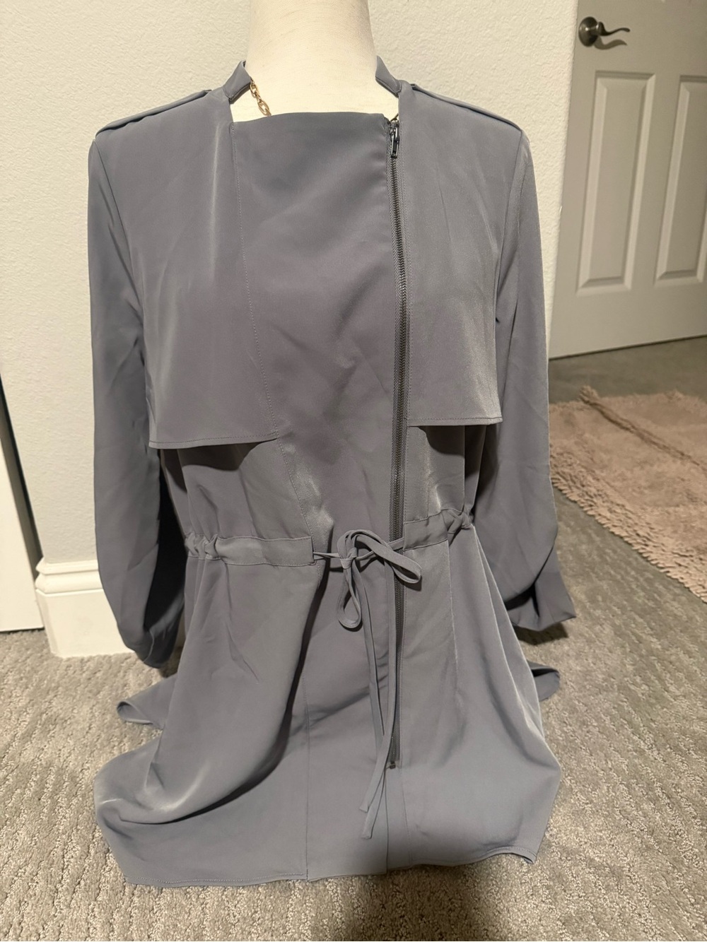 Pleione Slate Gray Drawstring Waist Zip-Front Blouse